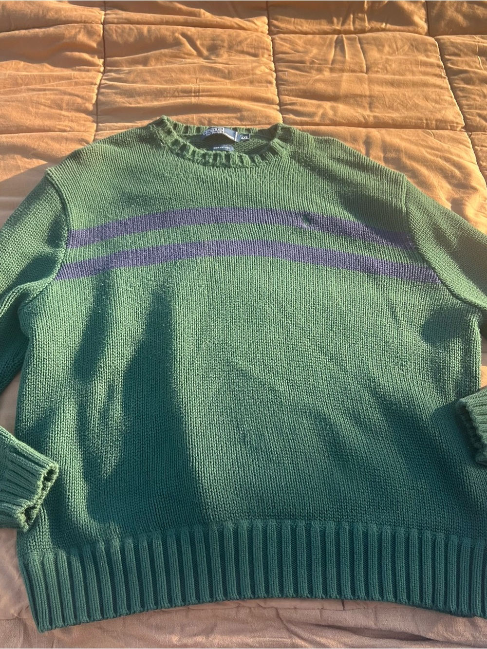 Vtg Polo by Ralph Lauren Green Crewneck Sweater W/Navy Stripes Ski Lodge Y2K XXL